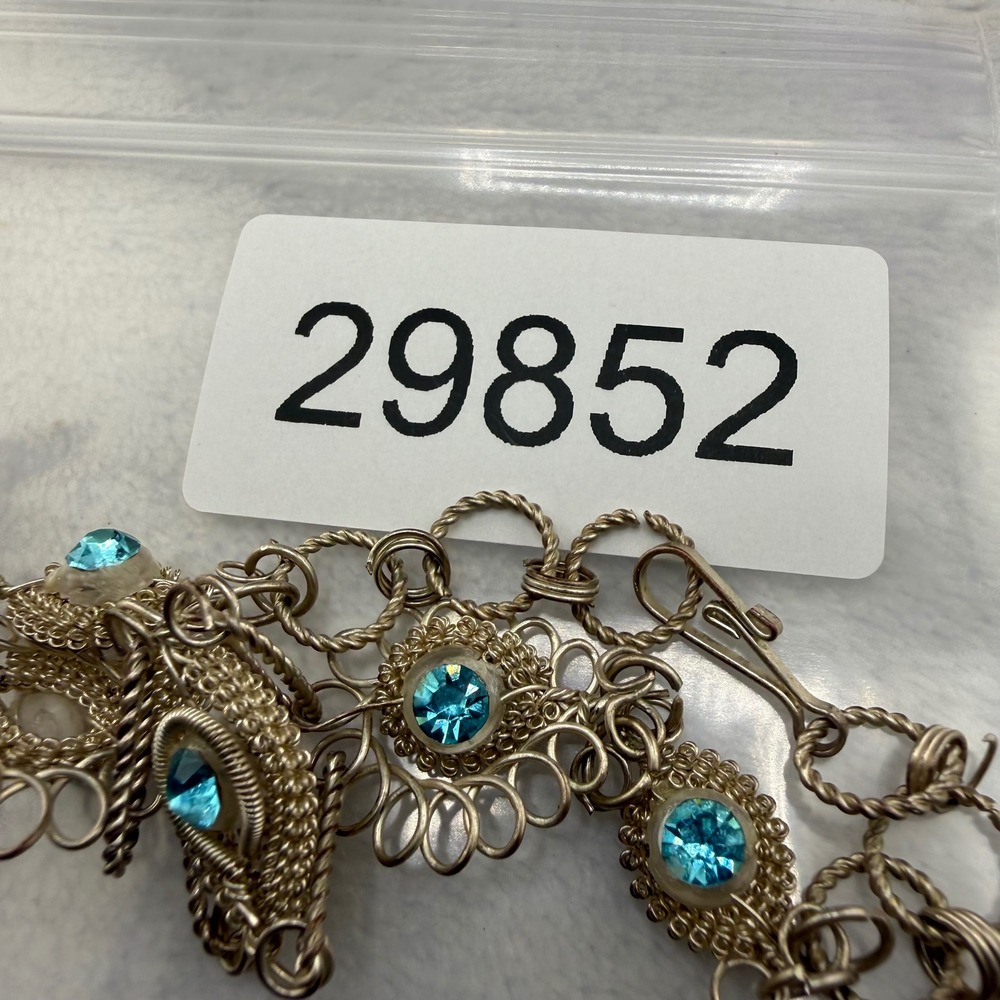 Vintage Wire Wrap Filigree Bracelet Silver Tone Blue Rhinestone 6.5 READ - Picture 5 of 6
